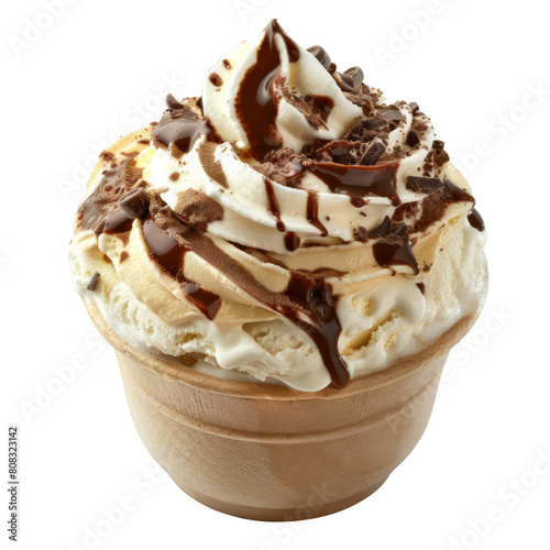 A chocolate and vanilla ice cream cone with chocolate sauce drizzled on top. The cone is sitting on a white background