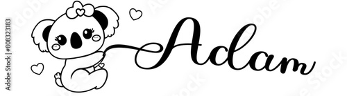Adam - black color - name written - Word with Koala kawaii for websites, baby shower, greetings, banners, cards-shirt, sweatshirt, prints, cricut, silhouette, sublimation