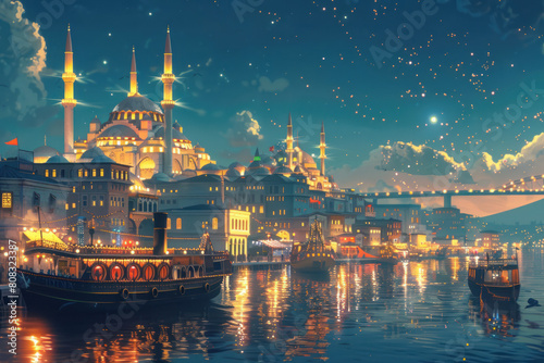 Artistic illustration of Istanbul at dusk with mosque and glowing city lights photo