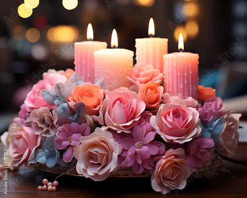 Cake with roses and candles on a table in a restaurant.