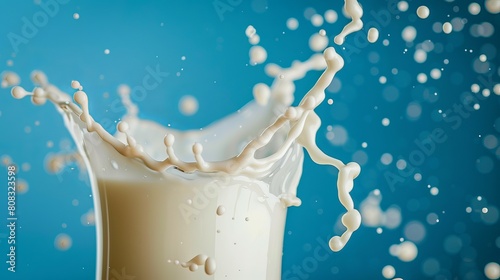 Milk splashes around the bottled milk. Pure Cow Milk. Blue background. Generative AI