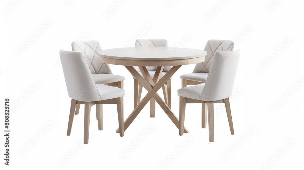 A white wooden round dining table with four chairs, representing modern designer furniture, isolated on a white background.