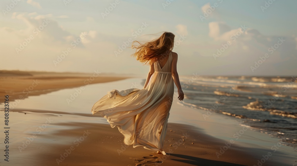 A girl walking on a beautiful azure beach with a developing dress and windswept hair A girl walking on a beautiful azure beach with a developing dress and windswept hair