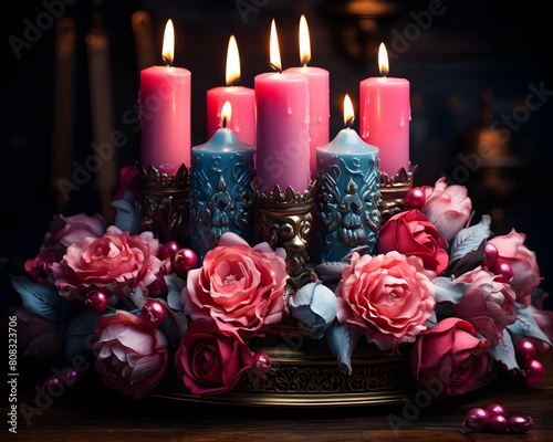 Valentine's Day background with candles and flowers on wooden table