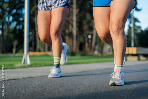 Low angle view of the legs from unrecognizable women jogging and enjoying vitality in the park at afternoon. Copy space