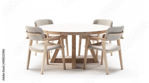 A white wooden round dining table with four chairs  representing modern designer furniture  isolated on a white background.