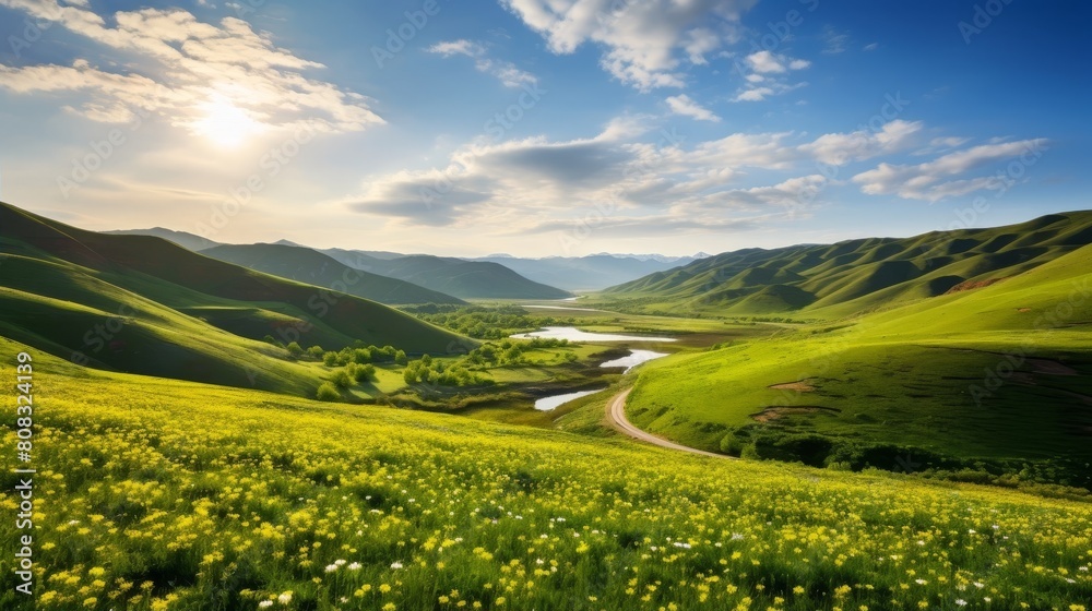 Fototapeta premium Serene mountain landscape with lush green hills and yellow wildflowers