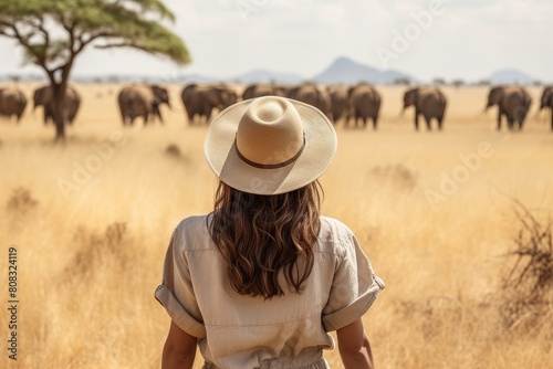 woman in safari hat observing herd of elephants in savanna