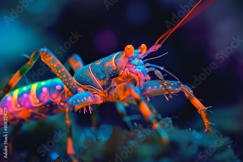 Futuristic Arthropod antient neon image. Graphic sea fauna picture. Generate Ai photo