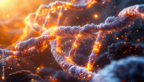 DNA chain. Glowing DNA spirals. Concept of human molecular cell biology