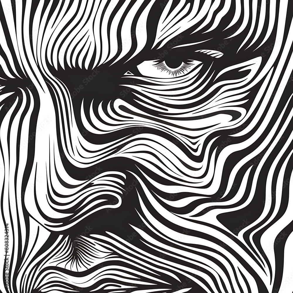Compelling black and white illustration showcasing intense gaze of predatory creature, characterized by intricate line work that follows contours of the face. Lines create an illusion of depth Compelling black and white illustration showcasing intense gaze of predatory creature, characterized by intricate line work that follows contours of the face. Lines create an illusion of depth
