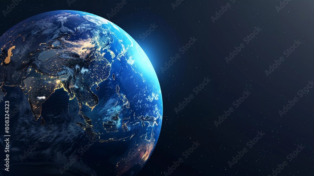 Naklejka premium Earth Illuminated: City Lights Trace Continents at Night, with Asia in Focus (Data Visualization Concept)