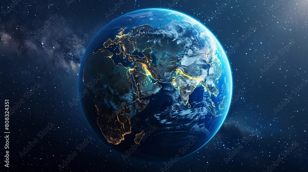 Fototapeta premium Earth Illuminated: City Lights Trace Continents at Night, with Asia in Focus (Data Visualization Concept)