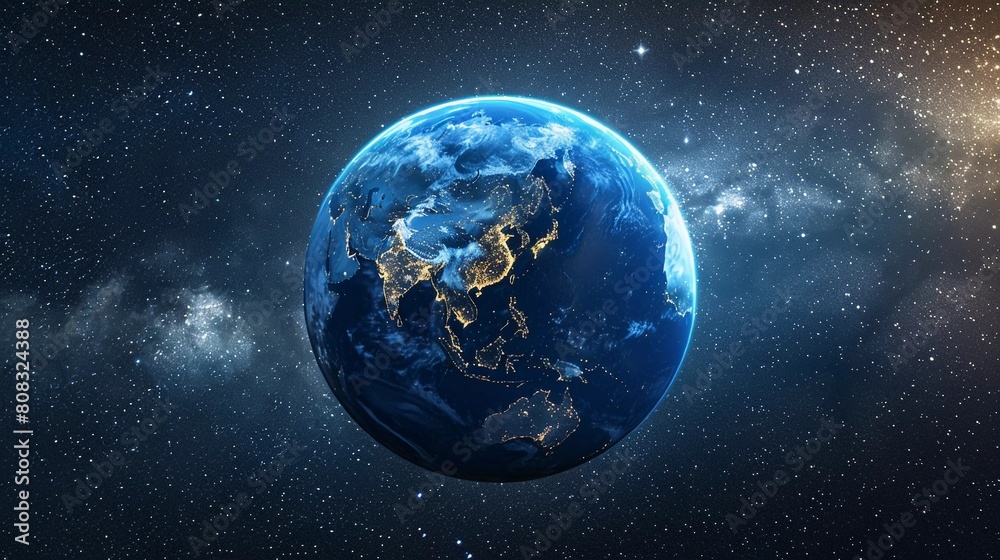 Naklejka premium Earth Illuminated: City Lights Trace Continents at Night, with Asia in Focus (Data Visualization Concept)