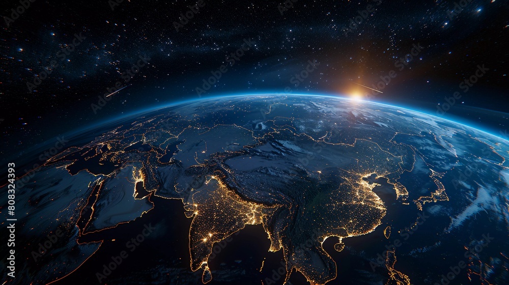 Obraz premium Earth Illuminated: City Lights Trace Continents at Night, with Asia in Focus (Data Visualization Concept)