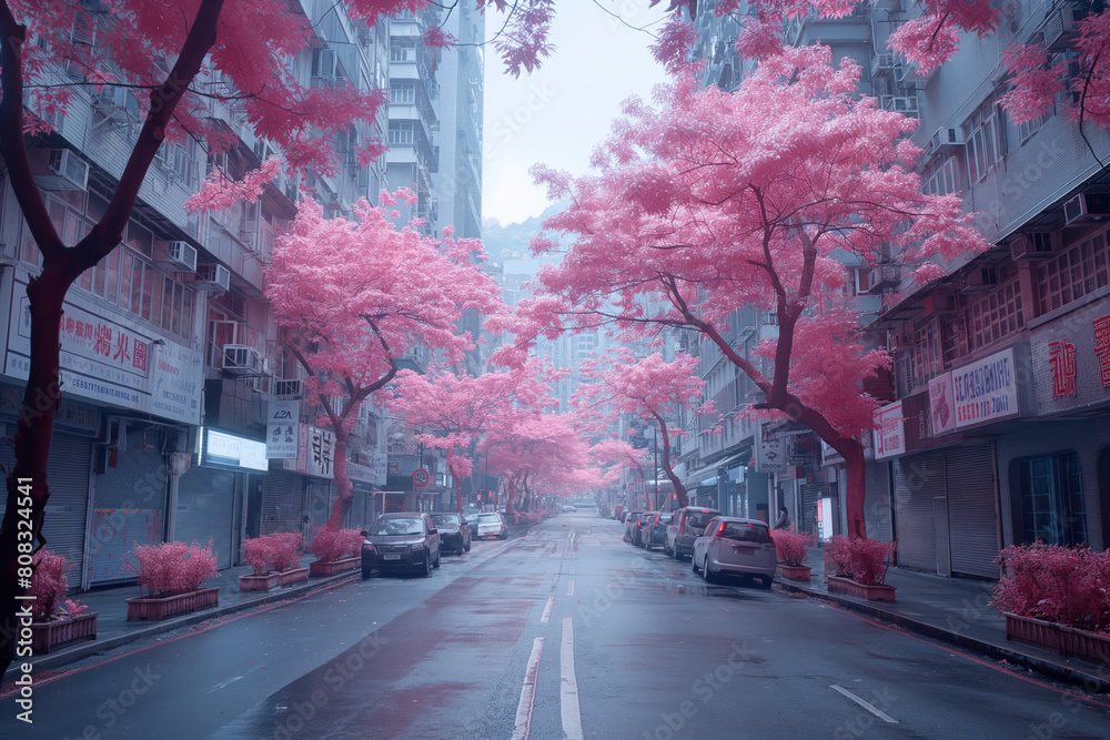 Pink blossom trees lining a quiet urban street