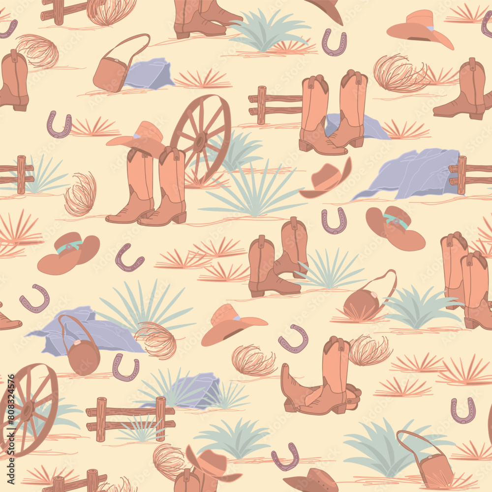Wild West Fences, Cowboy Boots and Hats, Wagon Wheels and Horseshoes seamless pattern print background