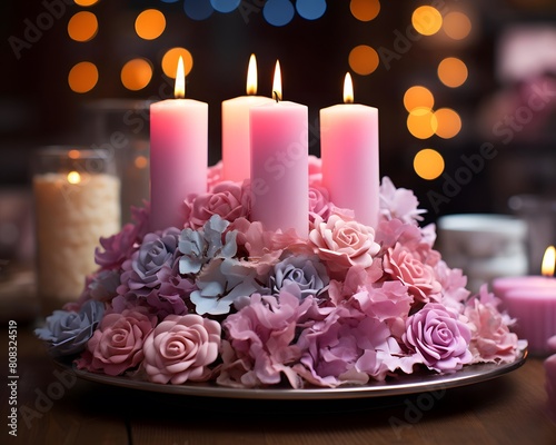 Beautiful birthday cake with flowers and candles on a wooden table.