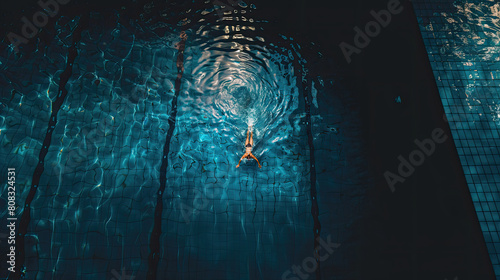 Top view of a swimmer swimming in a pool. Horizontal banner. Background