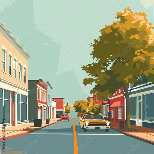 Street with old cars and houses in the city. Vector illustration.