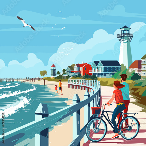 Seascape with people riding bicycles, lighthouse and seagull. Vector illustration