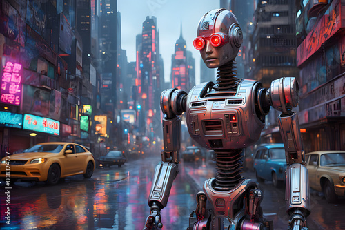 A metallic robotic figure, improvised with old car parts and futuristic circuitry, standing tall amidst the bustling city background, graffiti marked walls, towering skyscrapers rub shoulders with vin