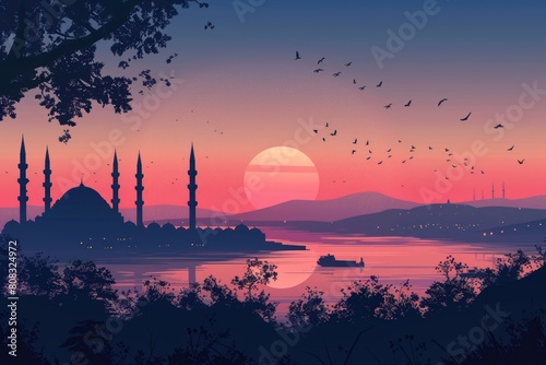 Sunset landscape of Istanbul, Turkey - mosque, bosphorus,