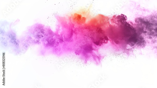An abstract background features colorful powder splatters and explosions against a white backdrop.
