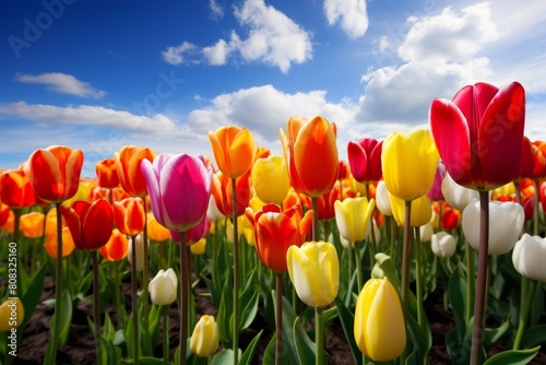 Vibrant tulips blooming in a field under a blue sky #808325160