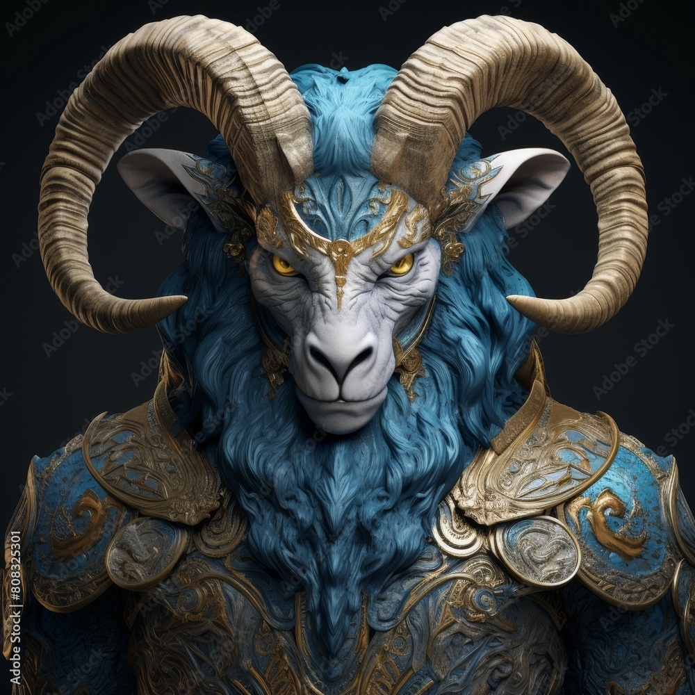 Mythical beast with horns and ornate armor