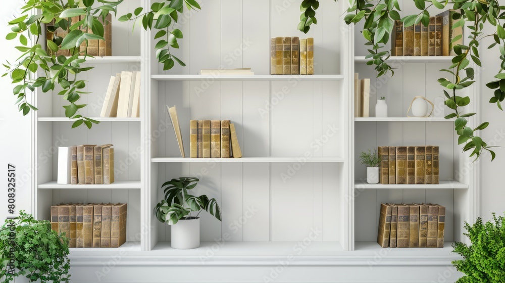 White bookshelf with plants and folders over wall hyper realistic White bookshelf with plants and folders over wall hyper realistic