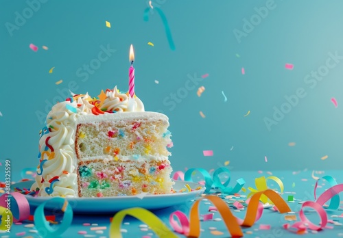 slice of funfetti cake with colorful ribbons and one candle on blue background, representing the joyous celebration during a birthday party Generative AI photo