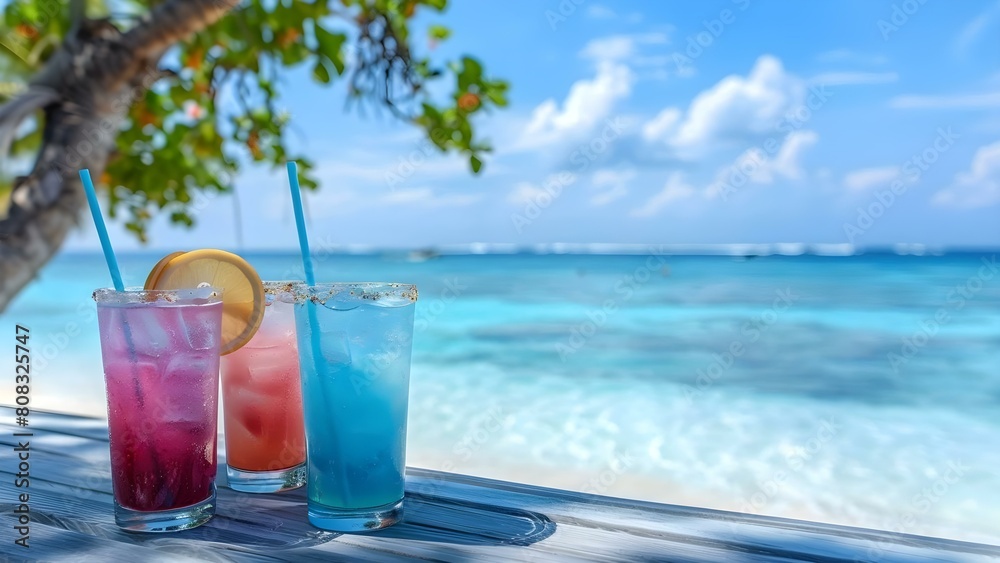 Tropical resort beach bar with cocktails summer vacation background for tourism. Concept Beach Bar, Tropical Resort, Cocktails, Summer Vacation, Tourism