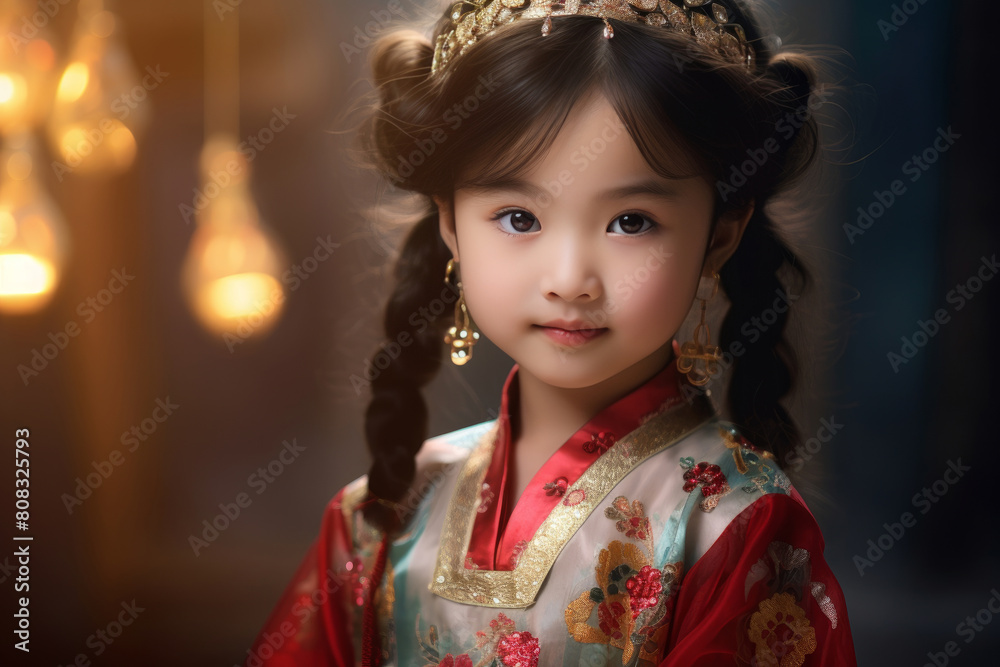 Portrait of an Asian girl dressed in a colorful traditional outfit with a decorative headdress Portrait of an Asian girl dressed in a colorful traditional outfit with a decorative headdress