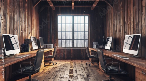 Wooden coworking interior with pc computers on desks in row  panoramic window hyper realistic 