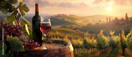 Wine barrel, bottle of wine and glass with wine on the background of the vineyards of Tuscany. Horizontal banner. Background. photo