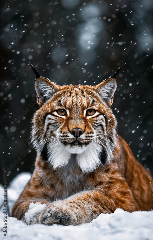 A cute and wild eurasian lynx sitting on a rock in snow at winter in nature. A cute and wild eurasian lynx sitting on a rock in snow at winter in nature.