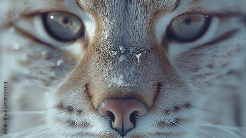 A close up of a wild eurasian lynx in nature with snow at winter photo