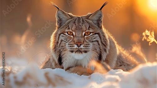 A cute and wild eurasian lynx sitting on snow at winter in nature on sunset photo