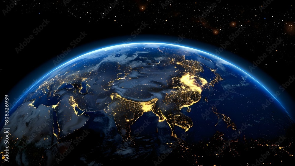 Fototapeta premium Nighttime view of Earth from space highlighting Asia Europe Africa and the Middle East. Concept Earth from Space, Asia, Europe, Africa, Middle East, Nighttime View