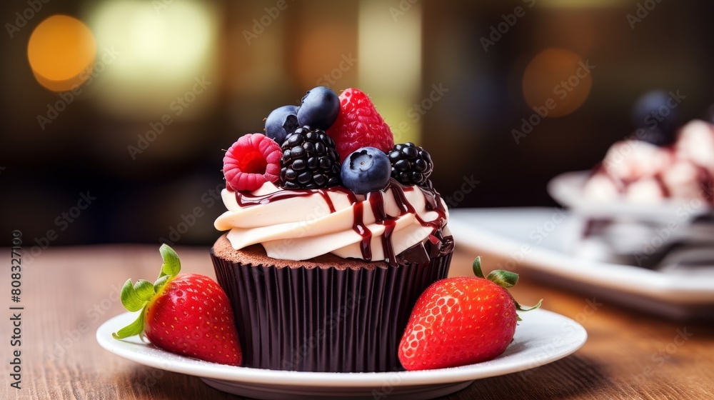 Delicious chocolate cupcake with fresh berries