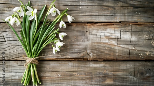 A bouquet of White snowdrops rests on Old wooden boards with room for your text
