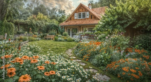 Idyllic Summer Garden at Sunset with Flourishing Flowers and Cozy Cottage