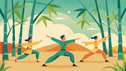 The rhythmic swaying of bamboo trees echoes the slow and deliberate movements of a group practicing Tai Chi on the sandy shoreline.. Vector illustration