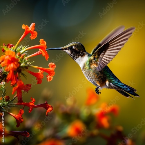 Hummingbird feeding on vibrant flowers photo