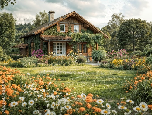 Idyllic Alpine Cottage Surrounded by Vibrant, Flourishing Gardens