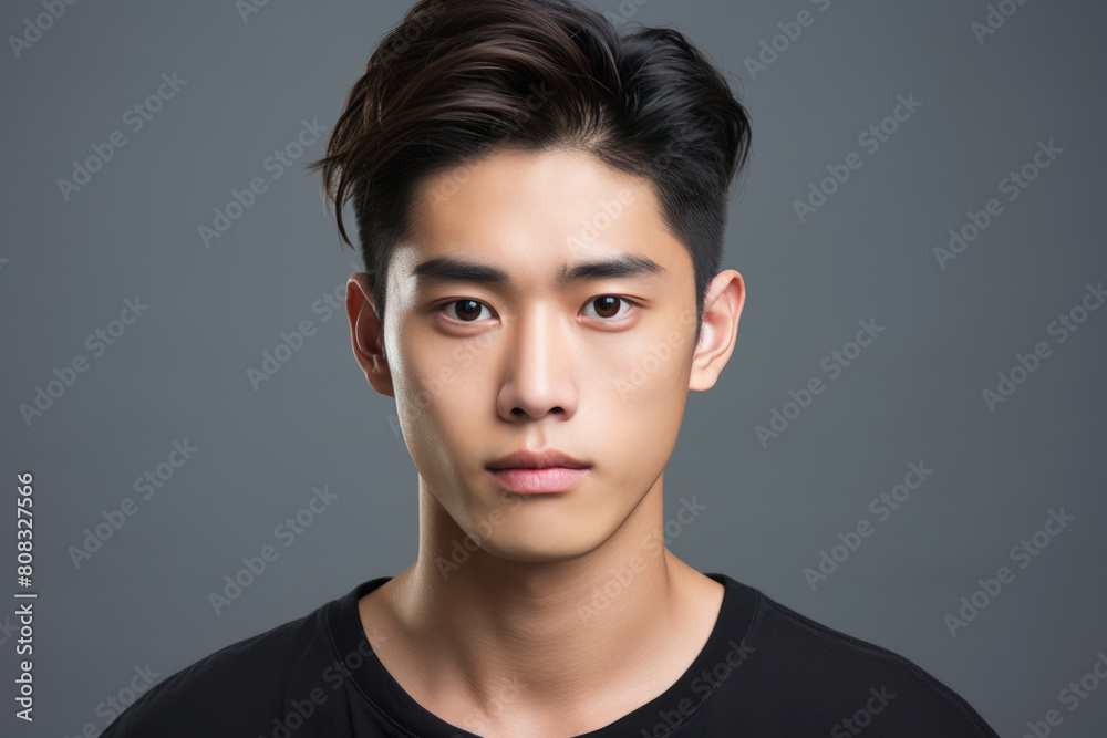 A young Asian man with black hair A young Asian man with black hair