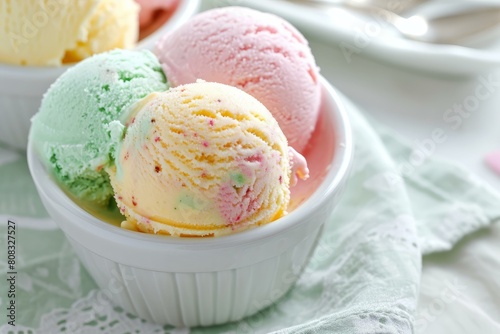Close-up view of delicious scoops of pink  green  and yellow ice cream in a white bowl on a pastel napkin