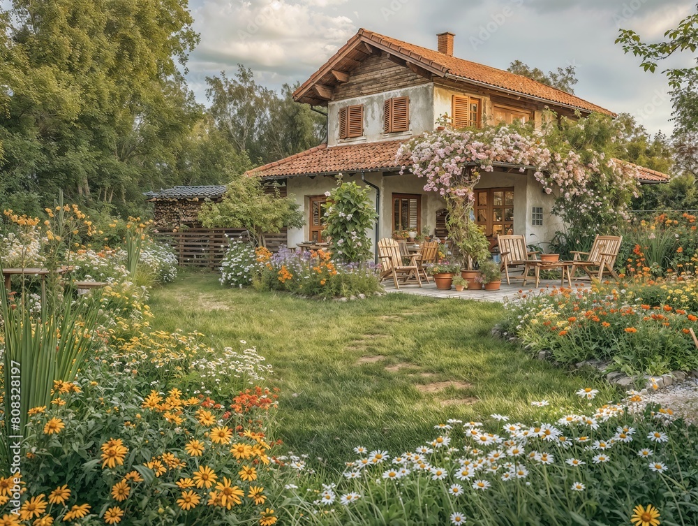 Idyllic Country House with Flourishing Summer Garden at Sunset Idyllic Country House with Flourishing Summer Garden at Sunset