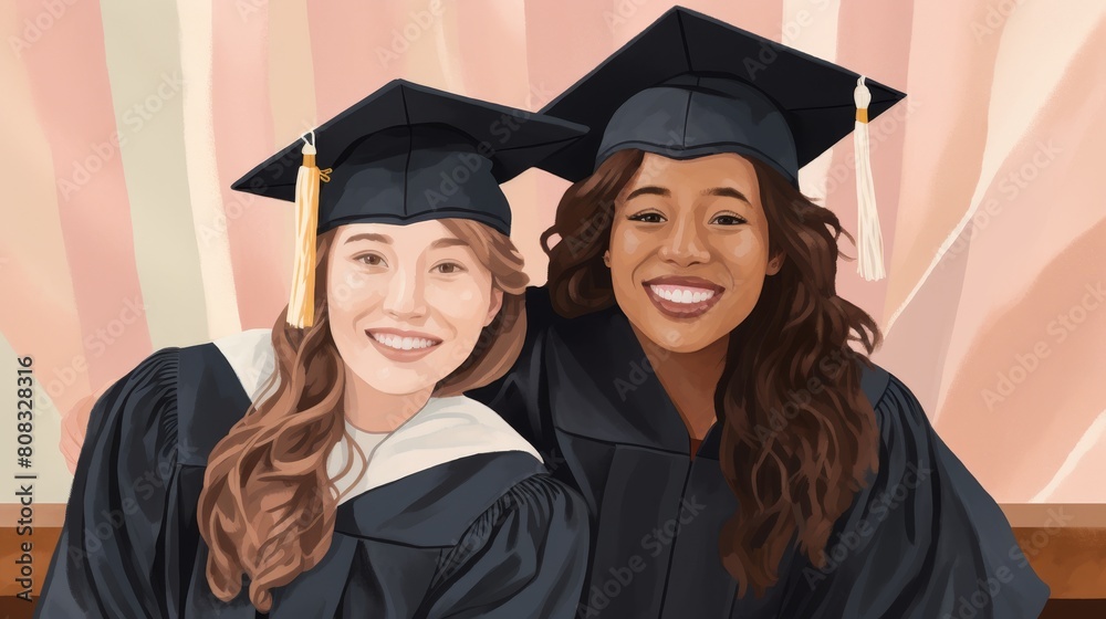 two smiling graduates in graduation gowns and caps two smiling graduates in graduation gowns and caps